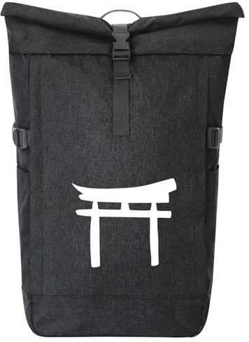 Huuraa Kurierrucksack Torii Shintoismus 30-44 Liter Black Melange Fairtrade Rolltop Rucksack Geschenkidee