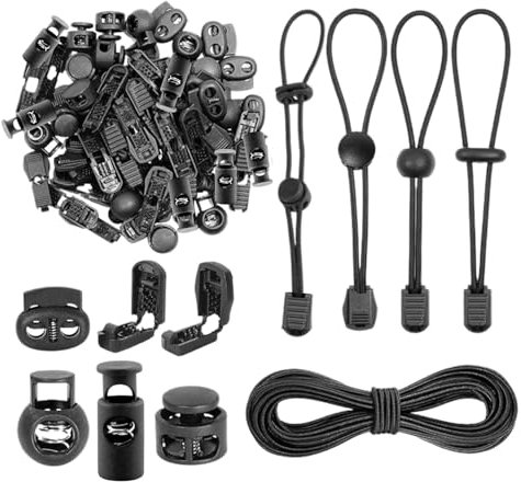 Lyivisk 10 m Gummischnur 3 mm Rundgummi mit 40 Kordelstopper Kordelklemme 40 Schwanzclip 2 Loch Elastisches Gummiband für Rucksack Kleidung Masken DIY Haushalt (Schwarz)