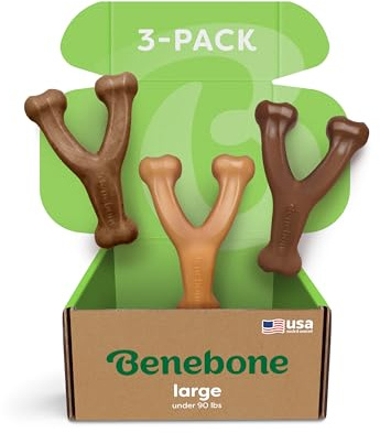 Large 3-Pack, Benebone Wishbone Durable Dog Chew Toy for Aggressive Chewers, Real Bacon, Chicken, Peanut Butter, Made in USA, Variety Pack