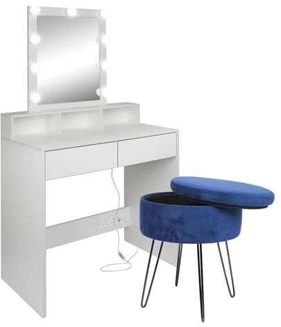 Harbour Housewares Wooden Dressing Table Set with LED Lights & Blue Stool - White - 2pc Bedroom Vanity Makeup Mirror Desk Set with Storage Drawers & Organiser Top | 80 x 40 x 145cm