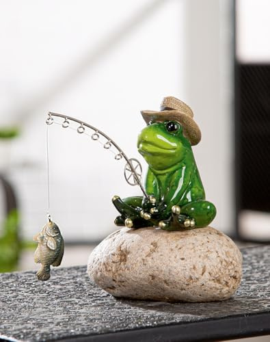 MF Frosch Angler Gartenfigur, 17,5 x 11 x 15,5 cm, Kunstharz, Grün mit Strohhut und Angelrute, Garten- und Wohndekoration
