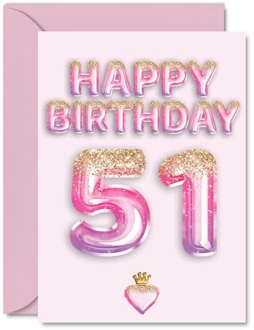 51st Birthday Cards for Women and Men, Pink & Purple Glitter Balloons | Happy Birthday Card for 51 Year Old Man Woman Nanny Nan Brother Cousin, A5 Bday Greeting Cards