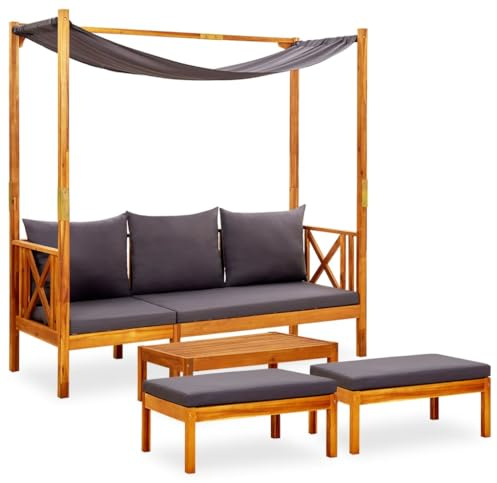 Zeehear Gartenbank Massivholz Akazie mit Tisch, 2 Fußhockern und Kissen, dunkelgrau, 179x66x180 cm, wetterfest für Terrasse & Garten