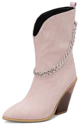 Generico Stivaletti Western con Catena da Donna Punta Tonda Tacco Largo Motivo Coccodrillo Soletta Imbottita Antiscivolo Quotidiano Streetwear,Rosa,46 EU