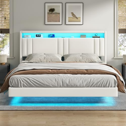 KIMENICH Letto 160 x 200 cm, Struttura Letto con Illuminazione a LED, Stazione di Ricarica, Effetto Visivo Galleggiante, Struttura del Lettos con Rete a Doghe, per Camera da Lettos, PU bianca