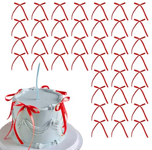 40 décorations pour gâteau avec nœuds rouges, rubans rouges pour pâtisseries, baby shower, anniversaire, mariage, fête, anniversaire