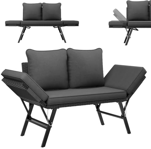 UDPATIO Polyrattan Gartenbank Wetterfest mit Liegefunktion Balkonsofa 3 in 1 Verstellfunktion mit Extra Dicke Sitzpolstern & Kissen für Garten, Balkon,Terrasse - Schwarz & Grau Bezüge