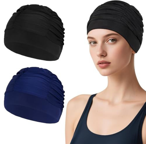 KAHZOR 2 Pièces Bonnets de Bain Élastique, Respirant et Confortable, Bonnet de Natation en Tissu Polyester, Bain Femme et Adulte, Bonnet Piscine Femme Élégante pour Cheveux Longs, Femme, Homme