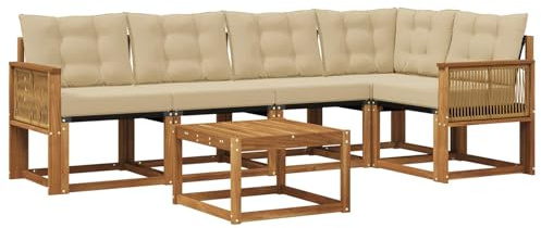 vidaXL Outdoor-Sofagarnitur mit Kissen 6 pcs Natur und Beige, Akazien Outdoor Sofa Set, modische Möbel für Terrasse, wetterfester Couch, entspannende Sitzgruppe im Garten