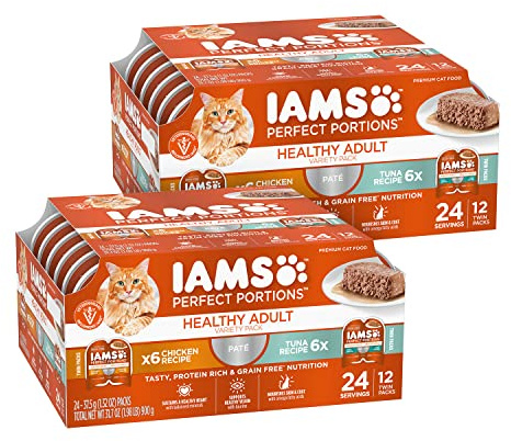 Iams Perfect Portions Grain Free Indoor Nass-Katzenfutter für den Innenbereich, Salmon-Rezept und türkische Rezeptvariety Pack, (24 Stück) 2,6 Oz. Twin-Pack Trays