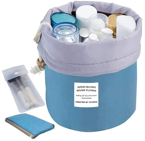 INVODA Cosmetic Bag for Women Barrel Shaped Travel Makeup Bags Large Capacity Soft Waterproof Portable Drawstring Cosmetic Bag Multifunctional Bucket Toiletry Bag (Blue)