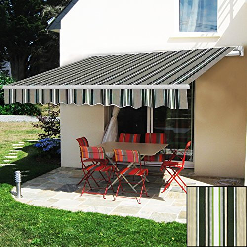 Green Bay Manual Awning Canopy | Multi-Stripe 3x2.5M Retractable Outdoor Patio Garden Sun Shade Shelter Complete with Fittings and Winder Handle
