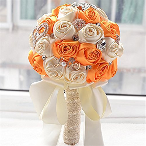 Fouriding Handgemachte Brosche Brautstrauß Braut Satin Rosen Blumen Diamant Perlen Blumensträusse Hochzeit Strauß Künstliche Blumenstrauß künstlicher Rosenstrauß Dekoration (Orange cremig)
