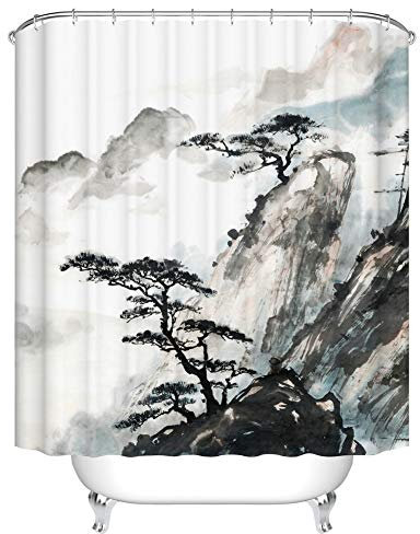 Fangkun Badezimmer-Duschvorhang-Dekor-Set – Cliff Misty Pine Trees Ink Painting Chinesische Landschaft Muster – Polyestergewebe Badevorhänge – 12 Duschhaken – 183 x 183 cm