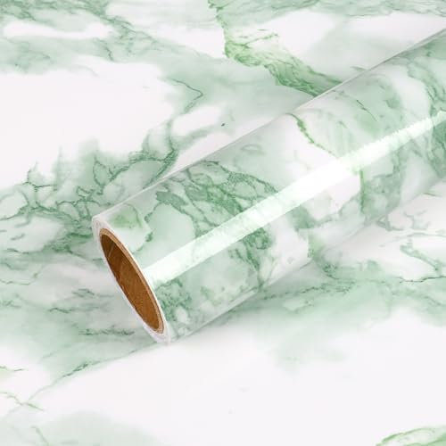 VEELIKE Klebefolie Möbelfolie Marmor Folie in Grün 40cm x 300cm PVC Wandtapete Selbstklebende Dekorfolie Wasserdichte Folie für Schrank Möbel Küche Schlafzimmer Schminktisch