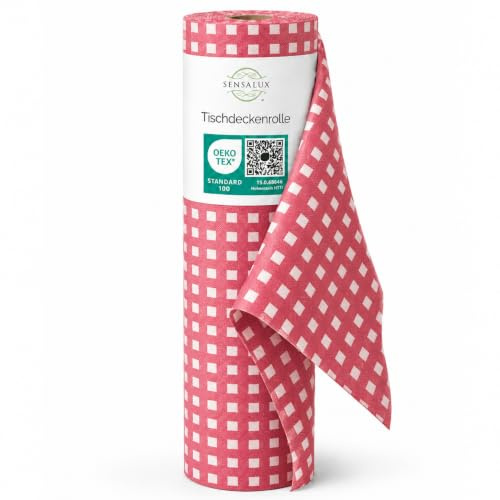 Sensalux Tischdeckenrolle Vlies 1,18 x 25 m Karo Weißrot, 80 g/m² | abwaschbar, wasserabweisend, stoffähnlich, Tischdecke Rolle, OEKO-TEX, Party, Hochzeit, Catering, Event