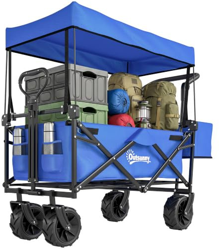 Outsunny Chariot de Transport Pliable Tout Terrain, Poignée Réglable, Bleu | Chariot de Plage Pousser-Tirer 2 en 1, 180 L, Auvent Amovible, pour Camping, Jardin, Pêche, Transport
