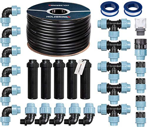 HOLZBRINK Start Set Bewässerungssystem Rasenbewässerung inkl. 100 m LDPE Verlegerohr 25 mm, 5x Versenkregner, HTB-11-5-100