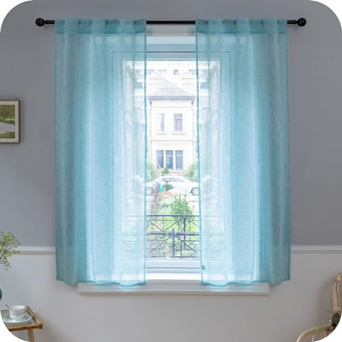 GIRASOLE Coppia Tende Voile Semitrasparenti Effetto Lino Tenda per Soggiorno Camera Balcone Finestra e Interni 2 Pannelli con Tasca (Turchese, 70x150cm)