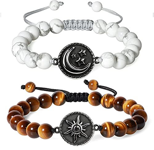COAI Geschenkideen Yin und Yang Armbänder aus Tigerauge und Howlith mit Sonne und Mond Charm für Pärchen
