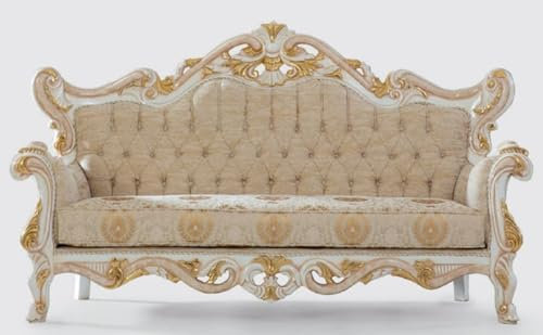 Casa Padrino Luxus Barock Sofa Beige/Weiß/Gold 225 x 90 x H. 128 cm - Handgefertigtes Wohnzimmer Sofa mit elegantem Muster - Barock Wohnzimmer Möbel - Edel & Prunkvoll