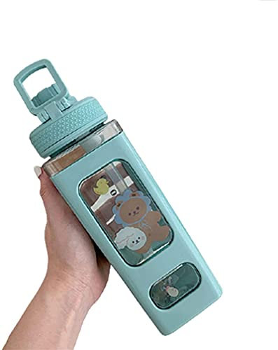 MTDBAOD Kawaii Cute Bear Water Bottle with Straw and Sticker,Kawaii Water Bottle,Sport Plastic Portable Square Drinking Bottle,for Kids School Supplies Juice Tea Water Cups (Green)