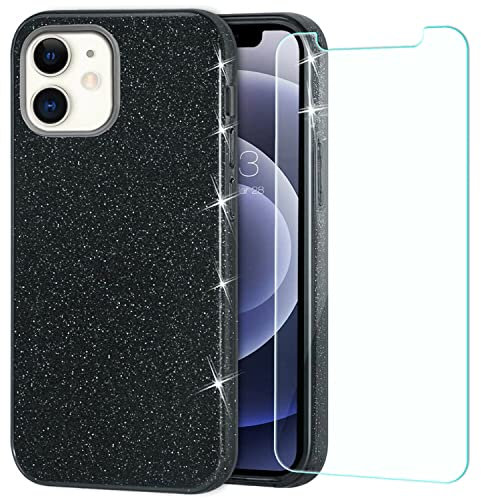 Mixroom - Coque pour iPhone 11 et film en verre trempé Case en TPU souple noir avec paillettes 3 en 1