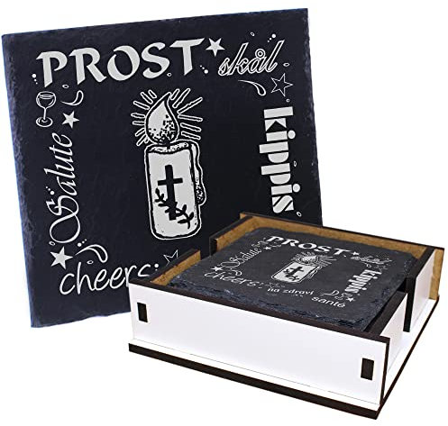 Slate Coasters Cheers Candle with Cross Including Wooden Box and Bottle Coaster Decorative Glass Coaster Pack of 5