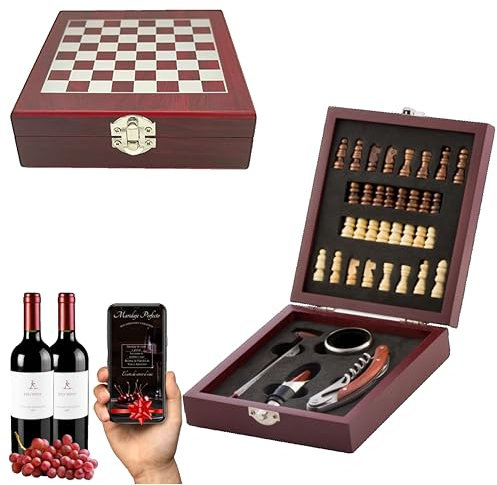 Regalos Originales para Hombre- Regalo Hombre - Juego de accesorios para vino y ajedrez - Medidor de temperatura - Sacacorchos y Abrebotellas 37 pz - 15x5x17cm