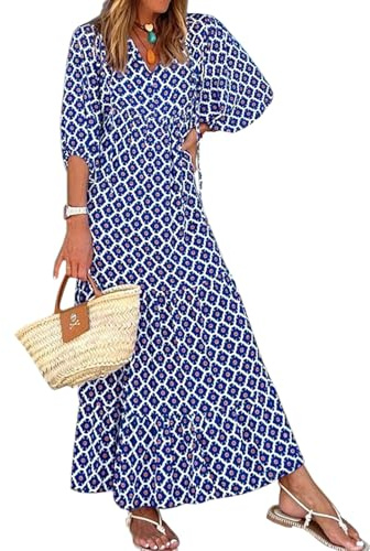 miduo Longue Robe d'été décontractée avec col en V et Manches mi-Longues pour Femmes, Coupe Ample, Motif géométrique bohème, Taille M