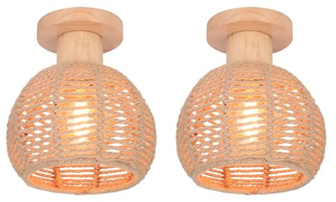 LIGKIN 2 Stücke Deckenleuchte Vintage Boho Rattan Lampe Hängelampe Holz E27 Geflochten Lampenschirm Deckenlampe, Ø20CM Rustikal Industrielle Deckenleuchten für Schlafzimmer Wohnzimmer Flur Korridor