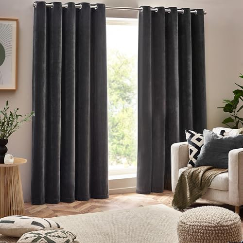 furn. Yard Heavy Chenille Eyelet Curtain Pair – Lined Room Darkening, Soft Velvet Home Décor (Charcoal - Width 117 x Drop 183cm)