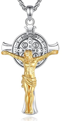 EUDORA Harmony Ball Heiliger Benedikt Jesus Kreuz Kette Medaille für Damen Herren Sterling Silber 925, St. Benedikt Halskette Amulett Anhänger Schmuck Christian Geschenke für Frauen Herren, 20 +2
