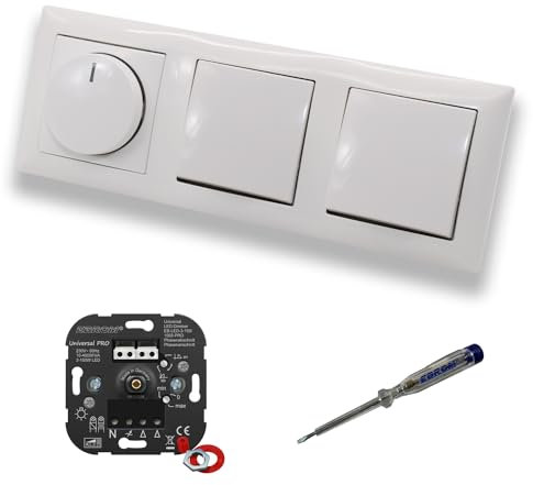 EBROM 1002 Universal PRO LED Drehdimmer Dimmer + Busch Jäger Dimmerscheibe 2115-914 und 2 x Lichtschalter 2000/6 US in Balance Si alpinweiß glänzend inklusive EBROM Phasenprüfer zur Montage der Geräte