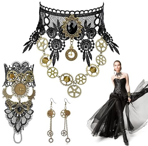 Qooloo Steampunk Kostüm Damen, Steampunk Zahnräder Halskette, Steampunk Ohrringe, Vintage Spitze Vampir Armband, Gothic Schmuck für Mädchen Karneval Kostüm Zubehör