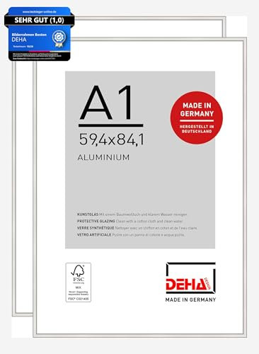 DEHA Design Bilderrahmen, 59,4 x 84,1 cm (A1) (2er Set), Aluminium, Silber glanz, Posterrahmen zum Aufhängen im Hoch- & Querformat, bruchsicheres Kunstglas, Boston