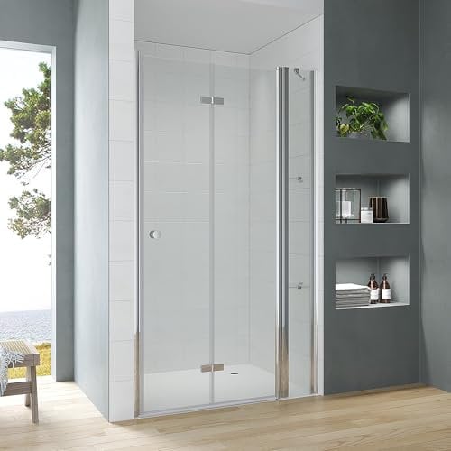 Nischentür Dusche 120 cm Verstellbereich 117,5-120 cm mit Duschtür Falttür Drehfalttür und Seitenteil, Chromoptik, Innen- und Außenöffnung, 5 mm ESG Echtglas klar, Acryl- Eckregalen, Höhe 187 cm
