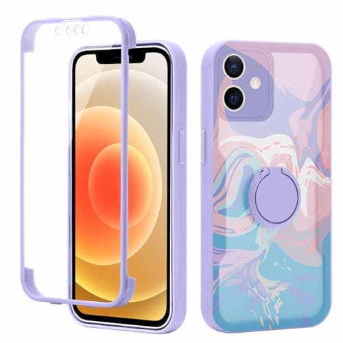 Yoedge Kickstand Phone Case for iPhone 12 6,1, 360°Rotatable Magnetic Ring Holder Cases, Full Body Shockproof Silicone TPU Back Cover with Built-in Screen Protector Case, marble
