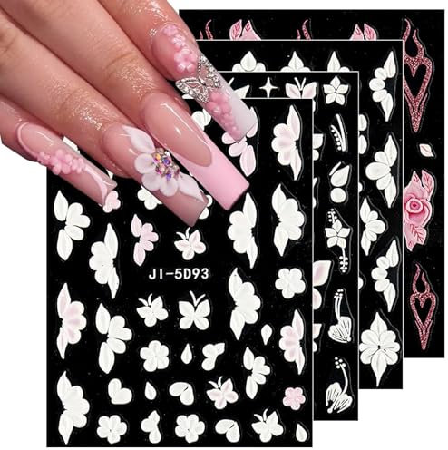 JMEOWIO 6 Sheets 3D Embossed Flower Butterfly Nail Art Stickers Decals Self-Adhesive 5D White Spring Floral Nail Supplies Nail Art Design Decoration Accessories