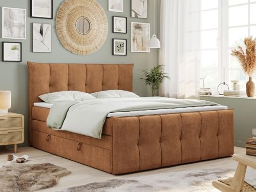 MKS MEBLE King Boxspringbett 140x200, Boxspringbett 140x200 mit Bettkasten und Matratze H4, Polsterbett 140x200 mit Matratze, Bett 140x200 mit Bettkasten - PREMIUM-11-KING- Orange Struktur - H4