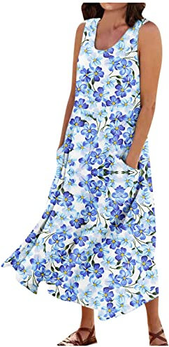 Kleid Damen Ballkleider Damen Lang Kleid Damen Dress Sommerkleid Rockabilly Freizeitkleid Brautjungfernkleider Kurz Strandkleider Freizeitkleid Freizeit Swing Strandkleider Mit Taschen(1-Blue,M)