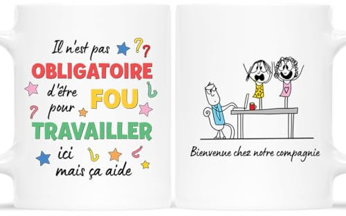 𝗖𝗔𝗗𝗘𝗔𝗨 𝗣𝗟𝗨𝗦 Mug Personnalisé - Il N'est Pas Obligatoire d'Être Fou Pour Travailler Ici Mais Ça Aide - Cadeau Collegue De Travail, Tasse Personnalisable Collegue, Mug Rigolo Collegue