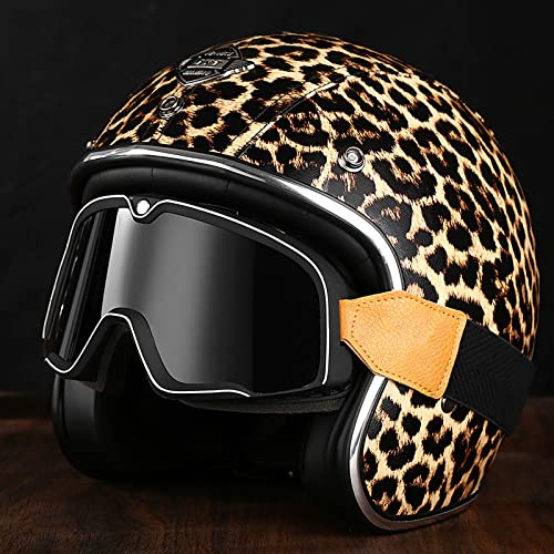 YIYHFKM Leopardenmuster Erwachsene Roller-Helm Moped-Helm Jethelm Roller Helm Jet Helm Mopedhelm Herren Und Damen ECE-Zertifizierter Halbschalenhelm (Größe: 55–62 cm)