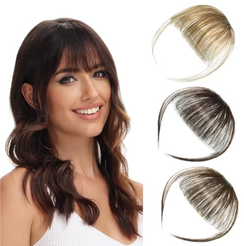 Luxiremi Clip in Pony Echthaar 100% Remy Dünner Fringe Bangs Extensions mit Schläfen Natürliche Schokolade Clip Pony Haarteile Echthaar für Damen Frauen