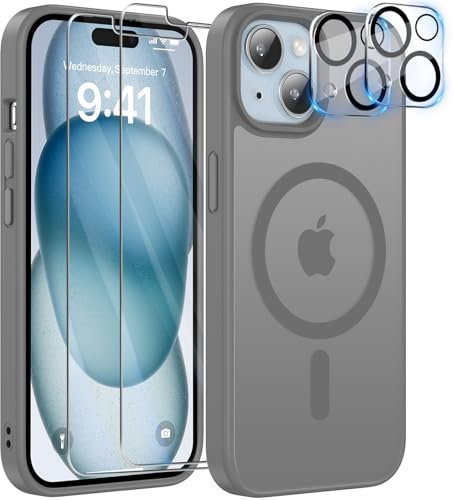 YisrLery 5-in-1 Kompatibel mit iPhone 15 Hülle mit 2 Stück Schutzfolie und 2 Stück Kameraschutz Militärnorm Schutz, PC Kratzresistente Rückseite Stoßfest Magnetische Hülle(Grau)