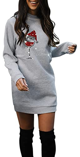 Weihnachtspullover Kleid Damen Rot Hoodie Merry Christmas Weihnachtskleid Kapuzenpullover Lang Lustig Winter Frauen- Weihnachtskleider Kapuze mit Taschen Weinglas Muster Weihnachtskleidung Minikleid