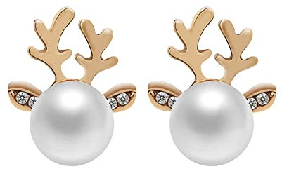 Antler Pearl Earrings Women, Christmas Elk Pearl Earrings, Christmas Pearl Deer Horn Alloy Earrings, Deer Head Creative Earrings for Women, Holiday Jewelry, Christmas Jewelry Gifts (Gold)