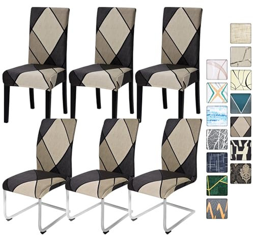 Alishomtll Stretch Stuhlbezug 4er/6er Set Stuhlhussen Schwingstuhl Elastische Stuhlhussen Abnehmbarer Waschbarer Esszimmerstühle Bezüge für Restaurant Hotel Bankett (Braun Geometrie, 6 Stück)