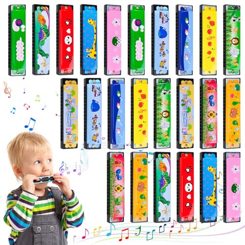 Mundharmonika Kinder, 24 Stück Cartoon Harmonika Kin-der, Kindergeburtstag Mundharmonika mit Doppelter Reihe von 16 Löchern für Kinder Anfänger, Mitgebsel Kindergeburtstag 5 6 7 8 9 10 Jahre