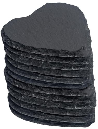 Argon Tableware Heart Slate Coasters - 10cm - 12 Piece Drink Coasters Black Stone Natural Slate Smooth Edge Drink Mat Cup Mats for Kitchen, Bar, Restaurant, Weddings, Events